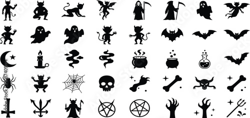 Fotografie Halloween black silhouette vector icons set with spooky devils ghosts bats skull