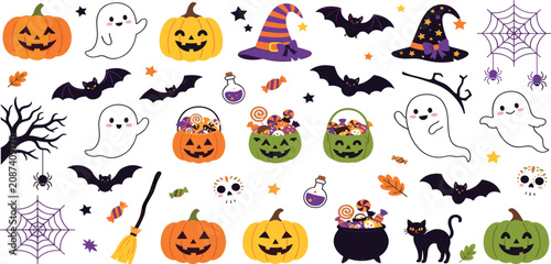 фотографія Halloween cute vector element collection with pumpkins friendly ghosts bats blac
