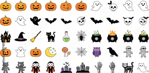 фотографія Massive Halloween vector character icon bundle featuring cute spooky pumpkins gh