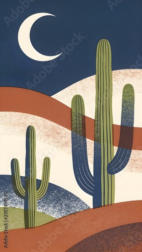 Desert Cacti Under Crescent Moon Palette-Locked Terracotta Olive Midnight Blue Halftone Shading Risograph Poster