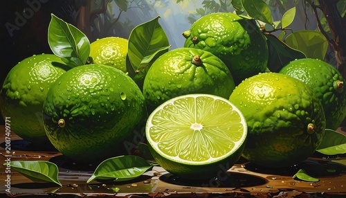 Close-up studio style shot of several limes with a half cut one. Freshly plucked, arranged with foliage and water droplets