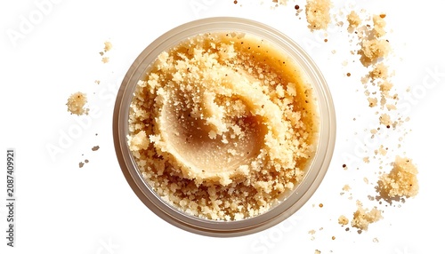 Close-up top-down view of a small clear jar filled with a light brown, grainy, textured cosmetic product. Some product is scattered around