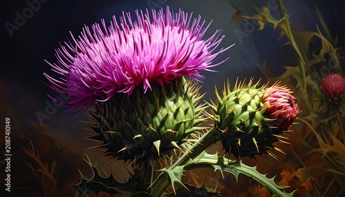 Close-up view captures vibrant purple flower atop green, spiky foliage, bathed in warm sunlight, with blurred background