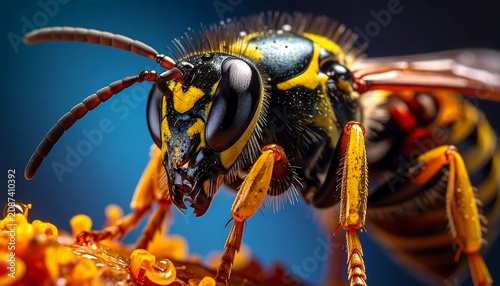 Close-up view captures intricate detail of a vibrant yellow and black insect perched on an orange floral element
