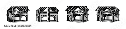 Εκτύπωση καμβά Timber frame barn with loft and open ground floor, architectural illustration