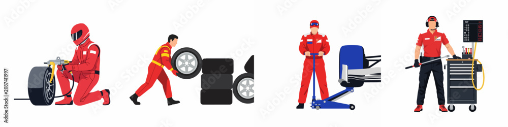 Fototapeta premium Formula One Pit Crew Team Set with Mechanics Changing Tires, Using Jacks, and Handling Tools During a Racing Pit Stop.