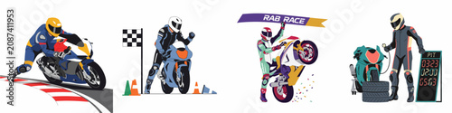 Fotografie Set of vector illustrations depicting motorcycle racing scenes: leaning into curves, crossing the finish line, celebrating victory, and professional pit stop operations