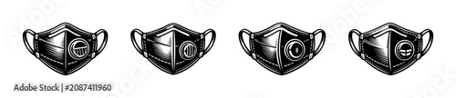 Fényképezés Collection of four distinct face masks with circular emblems in a vintage illust
