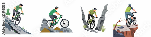 Foto Set of flat vector illustrations depicting mountain bikers navigating various challenging terrains including rocky slopes, narrow passages, and steep cliff edges
