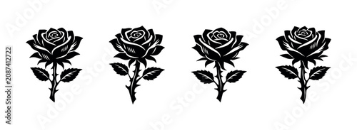 Φωτογραφία Collection of four black rose silhouettes with thorny stems and leaves