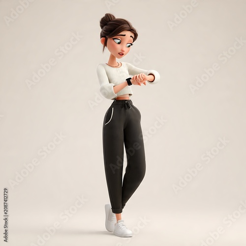 Full body 3D illustration of an elegant woman in lounge wear checking her smart watch against a minimalist cream background.