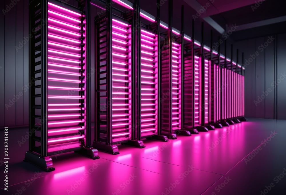 Fototapeta premium Vertical farming hall with rows of pink LED plant racks, agritech background