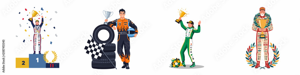 Obraz premium Set of Professional Race Car Drivers Celebrating Victory with Trophies, Podiums, and Flags in a Flat Vector Illustration Style