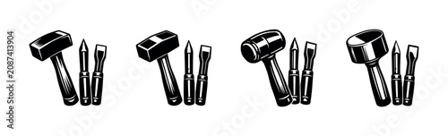 Foto Collection of various hammers and chisels for carving and sculpting