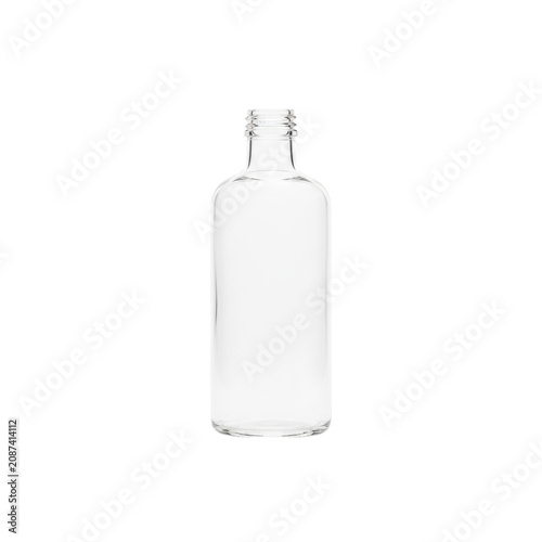 A pristine, empty, minimalist cylindrical glass bottle, crystal clear and highly polished with an open neck, isolated on a seamless transparent background. Concept of eco-friendly design
