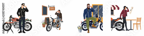 Photos A diverse set of flat vector illustrations showcasing stylish men and women with motorcycles in urban cafe settings, capturing the cafe racer lifestyle