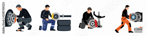 Obraz na płótnie Set of four flat illustrations of professional auto mechanics performing brake service, rotor replacement, and wheel maintenance on a white background