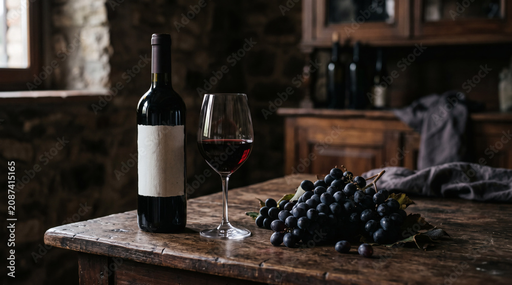 Obraz premium Red wine bottle and glass with fresh grapes on rustic table