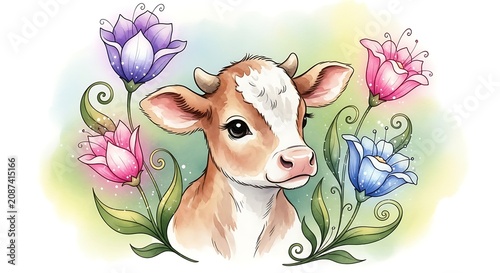 Adorable calf with blooming flowers in soft watercolor style