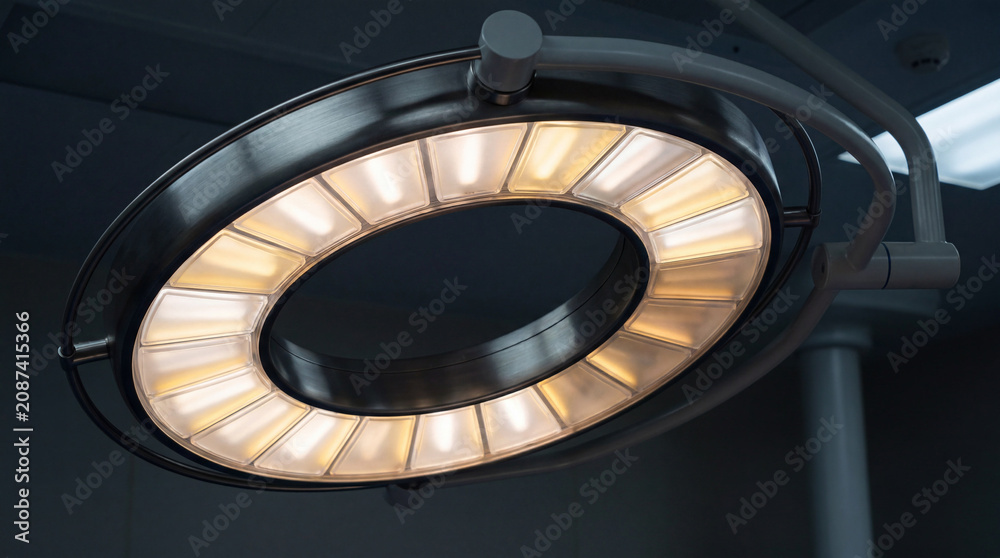 Fototapeta premium High Quality Medical Equipment Featuring A Dimming Circular Surgical Lamp Above An Empty Operating Table