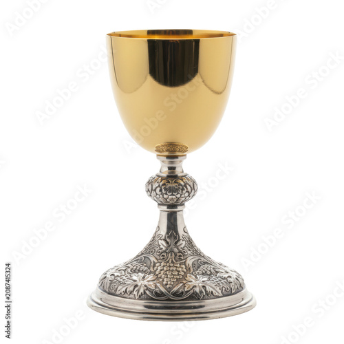 Majestic ornate bimetallic chalice with gold cup and antique silver base, intricate renaissance engravings, isolated on transparent studio, concept of sacred artifact