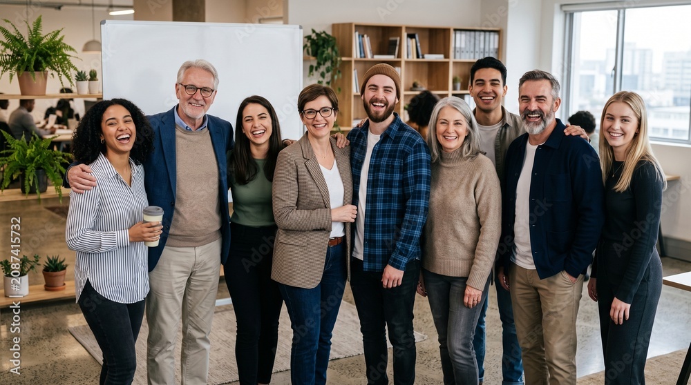 Obraz premium Diverse group of smiling colleagues standing together in a modern office environment