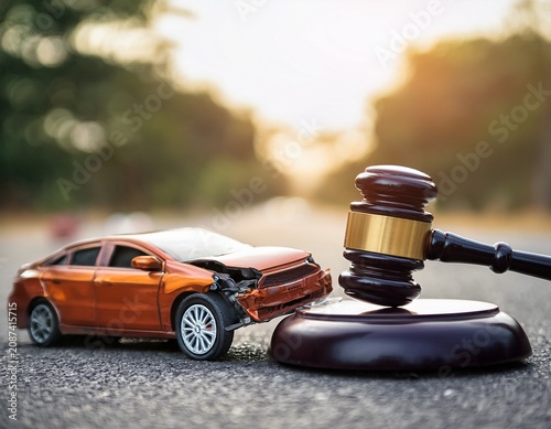 car accident law justice gavel crashed vehicle legal concept road collision insurance litigation car accident law justice gavel near crashed