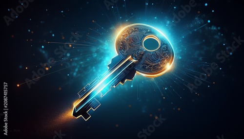 floating key security concept glowing particles dark background