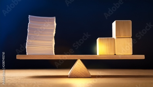 glowing cube above balance scale over stack of paper and wood block symbolizing risk and fairness