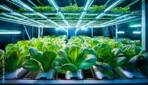 futuristic urban farm growing vegetable under led light in indoor garden with fresh green leaf crop on hydroponic rack