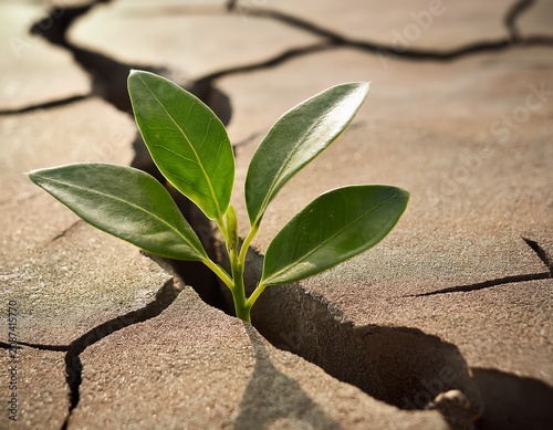 green plant growing through crack in concrete resilience in dry landscape