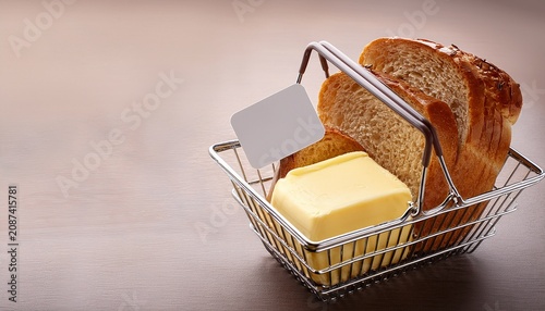 grocery basket with bread butter and blank label for consumer inflation pressure concept