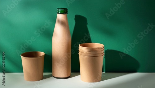 recycled paper bottle green shadow eco concept sustainable design biodegradable material empty container minimal still life studio lighting
