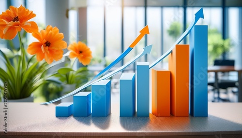 rising business chart with blue and orange bars in blurred office and flower background