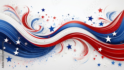 red white and blue flowing lines with scattered stars on a clean white background a dynamic portrayal of patriotism and celebration