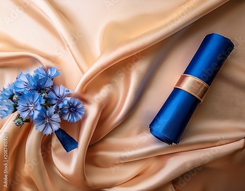 silk fabric roll with blue flower bouquet on beige satin background elegant soft graduation invitation backdrop