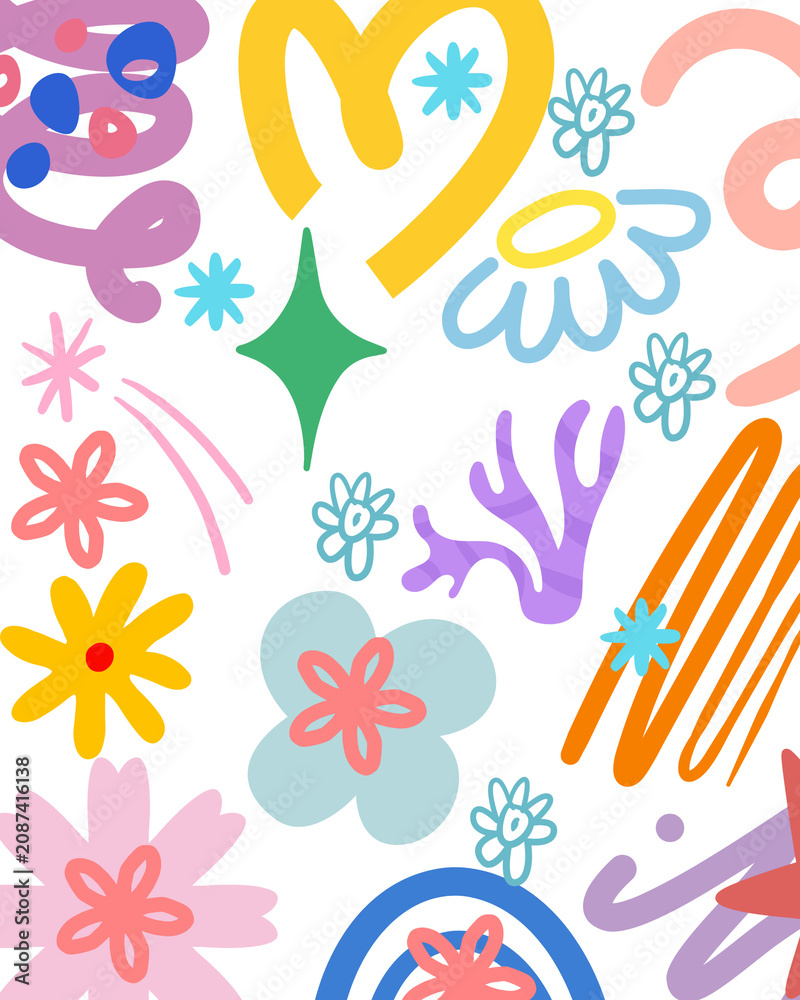 Obraz premium Colorful Abstract Floral Doodle Elements Collection on White Background