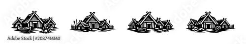 Konstfotografi Ancient Viking village with traditional longhouses and boats by the water