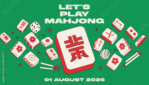 Konstfotografi Colorful mahjong tiles arranged on a vibrant green background poster design