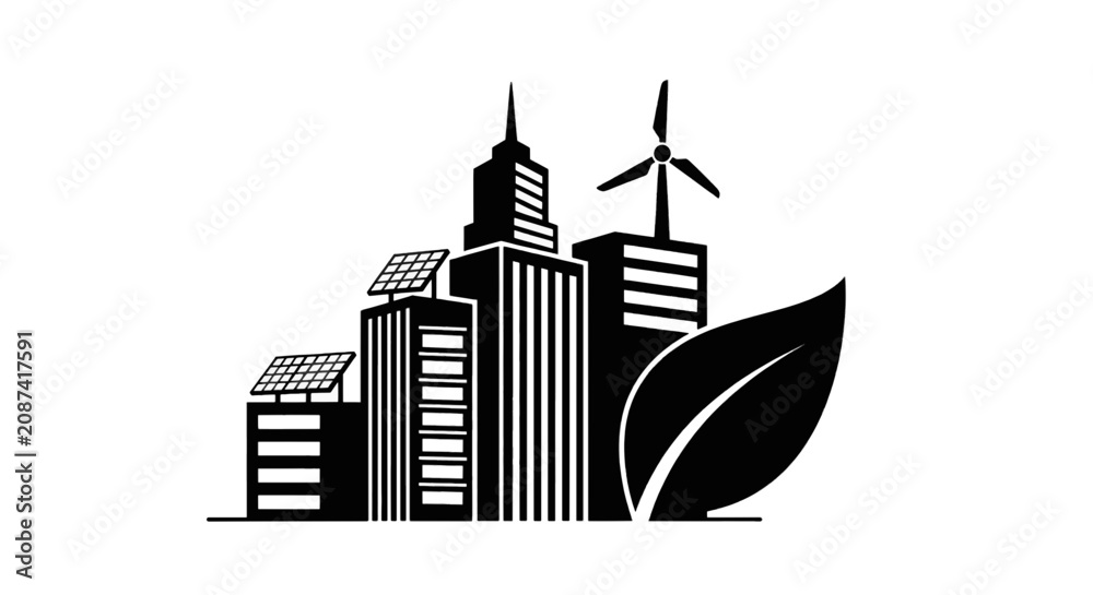 Obraz premium Vector illustration of eco friendly city icon with solar panels and wind turbine on a transparent background