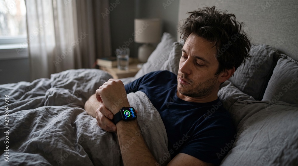 Fototapeta premium Man Wakes Up In Bed Checking Smartwatch For Time And Health Data