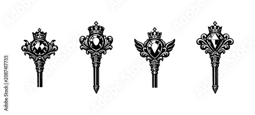 Collection of ornate vintage keys with crowns and jewels, black and white design