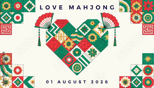 Decorative heart shape composed of colorful traditional mahjong tile patterns