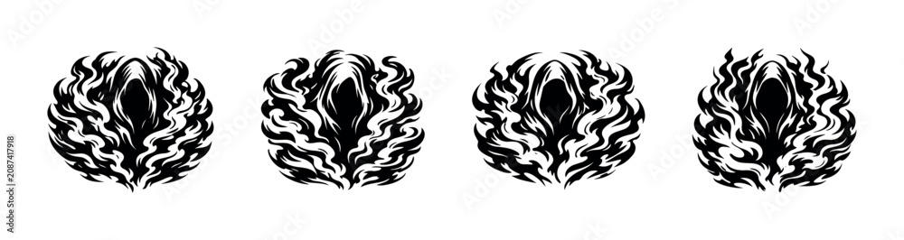 Fototapeta premium Four stylized black grim reapers with fiery halos on a white background