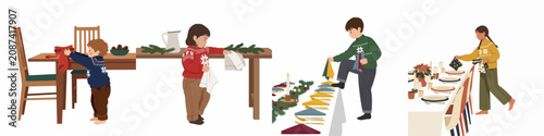 Konstfotografi Illustration of children helping to set and decorate the table for a festive Christmas dinner celebration