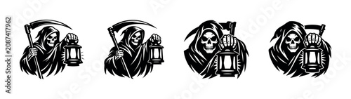 Foto Grim reaper with scythe and lantern, a symbol of death and the afterlife