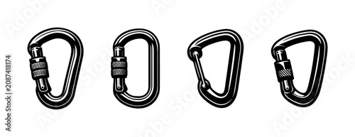 Obraz na płótnie Collection of four black climbing carabiners with screw gates and wire gates