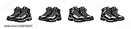 Tablou pe pânză Collection of four black and white illustrations of sturdy hiking boots