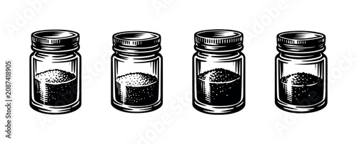 Foto Four glass jars filled with granular substances in a row