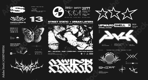 Typography prints halftone and y2k elements for streetwear. Grunge prints in stencil style, y2k monochrome for streetwear, t-shirt, apparel. Dark halftone arts, 3d, typeface, lettering. Vector graphic